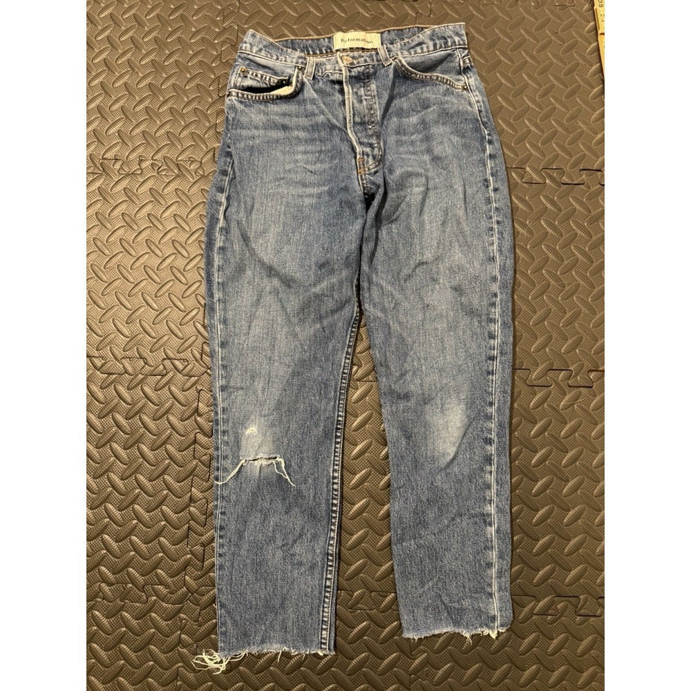 Reformation Jeans Sz 26 Blue Melissa High Skinny Button Fly High Rise Barrel Leg